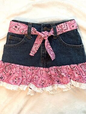 Vintage Kiddie Korral Denim Western Cowgirl Skirt 3T Bow Pink Ruffle Lace